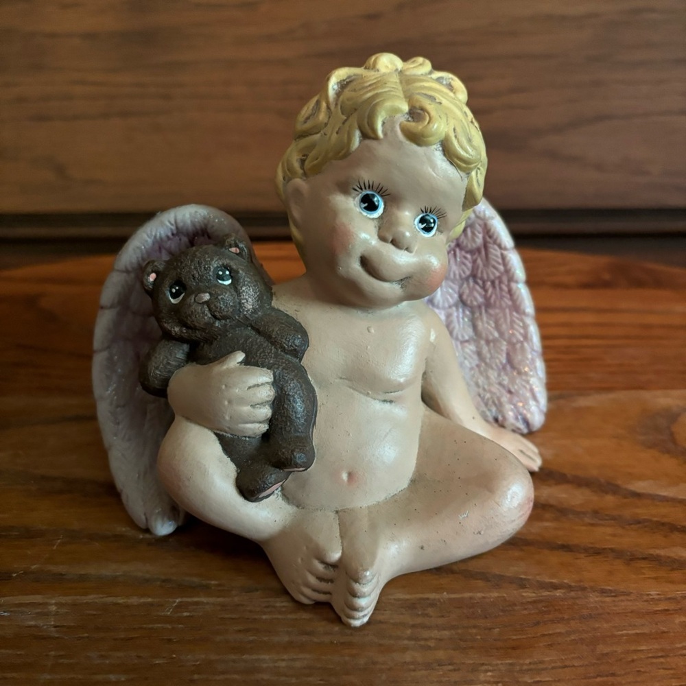 Vintage Hand painted Angel Baby Cherub With Teddy Bear Figurine